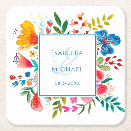 Farbenfrohe Wildblume Hochzeit im Wasser Rechteckiger Pappuntersetzer (Vorderseite)