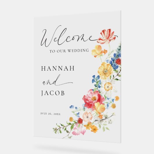 Farbenfrohe Wildblume Hochzeit Willkommen Acrylschild (Winkel)