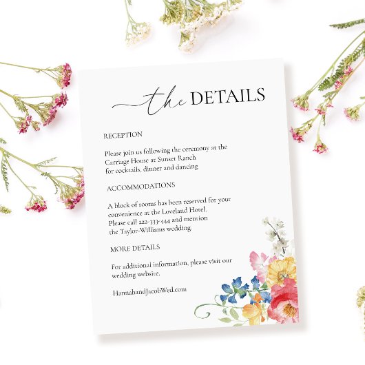 Farbenfrohe Wildblume Hochzeitsdetails Begleitkarte