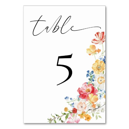 Farbenfrohe Wildblume Hochzeitsempfang Tischnummer (Vorderseite)