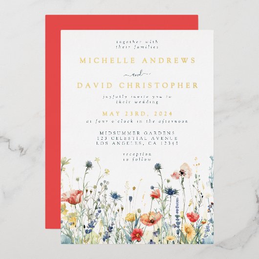 Farbenfrohe Wildblume Hochzeitsfoil Einladung (Vorderseite/Rückseite)