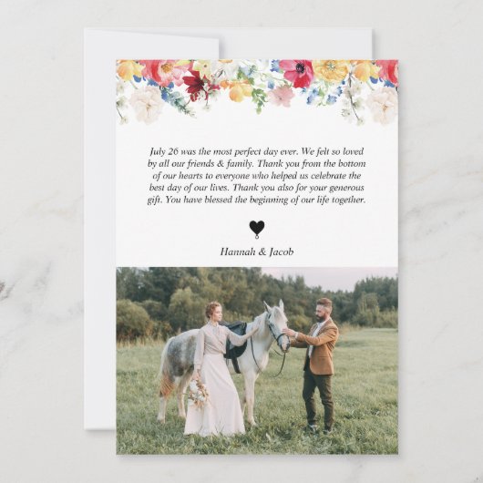 Farbenfrohe Wildblume Liebe und Dank Hochzeit Dankeskarte (Rückseite)