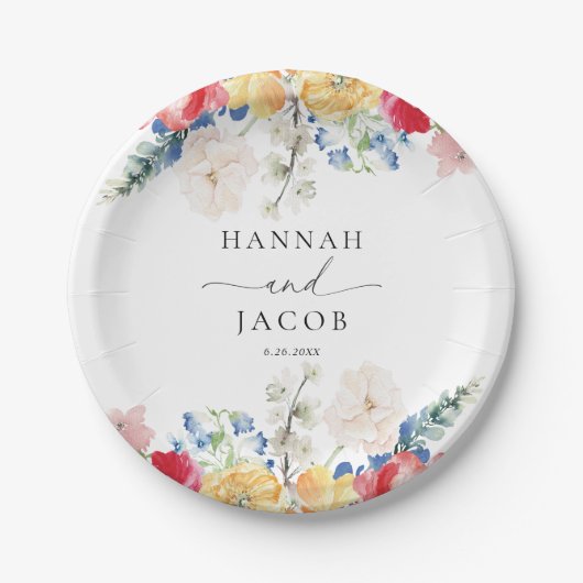 Farbenfrohe Wildblume Personalisierte Hochzeit Pappteller (Vorderseite)