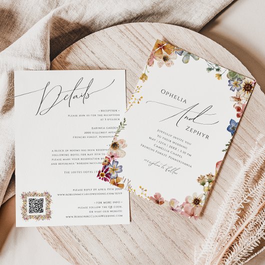 Farbenfrohe Wildblume | QR-Code in einer Hochzeit Einladung