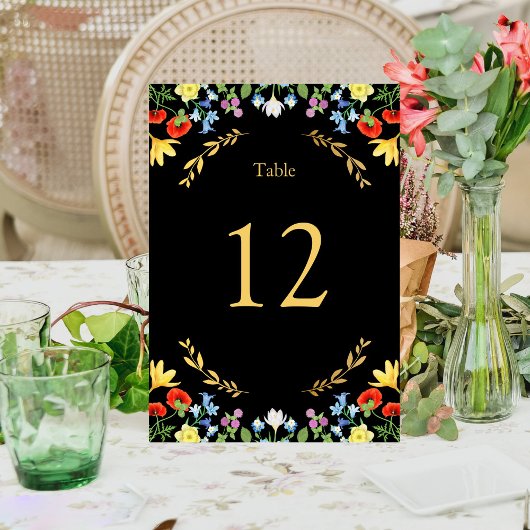 Farbenfrohe Wildblume Rustikale Schwarze Hochzeit Tischnummer