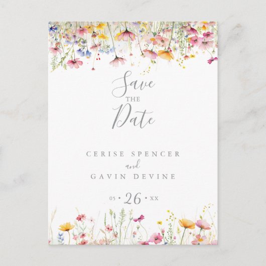 Farbenfrohe Wildblume Save the Date Postkarte (Vorderseite)
