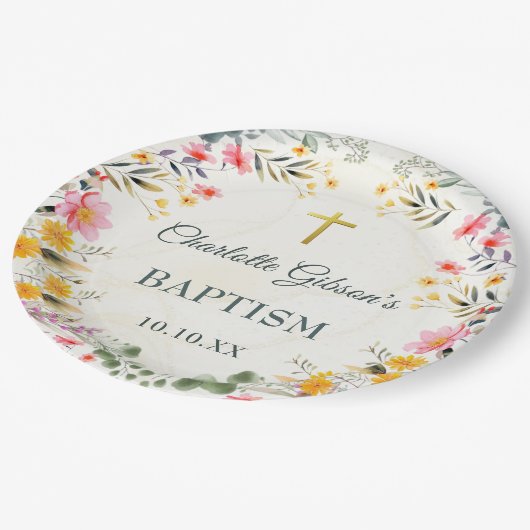 Farbenfrohe Wildblume Taufe Pappteller (Schrägansicht)