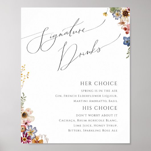 Farbenfrohe Wildblume | Unterschrift Drinks Poster (Vorne)