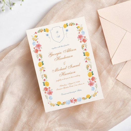 Farbenfrohe Wildblume Wappen Monogram Wedding Desi Einladung