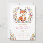 Farbenfrohe Wildblume Woodland Fox Girl Geburtstag Einladung (Vorderseite)