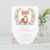 Farbenfrohe Wildblume Woodland Fox Girl Geburtstag Einladung (Stehend Vorderseite)