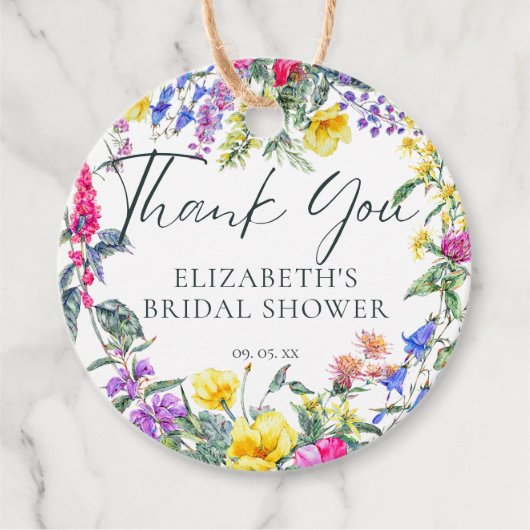 Farbenfrohe Wildblumen Blumenkalligrafie Geschenkanhänger (Vorderseite)