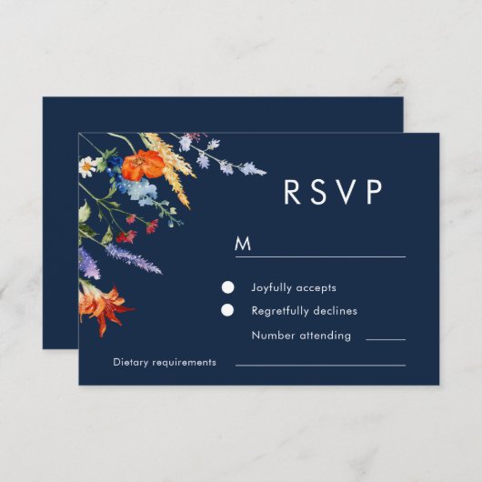 Farbenfrohe Wildblumen der Marine Hochzeit RSVP Karte (Vorne/Hinten)
