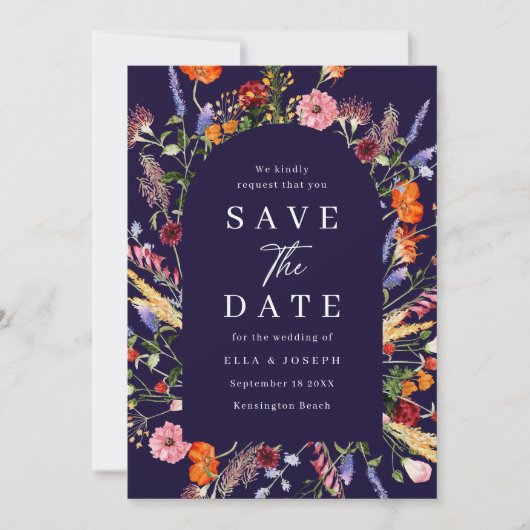 Farbenfrohe Wildblumen der Marine Hochzeit Save The Date (Vorderseite)