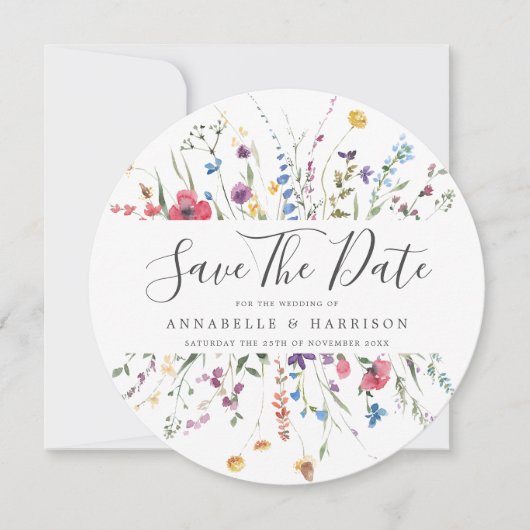 Farbenfrohe Wildblumen, die das Datum speichern Save The Date (Vorderseite)