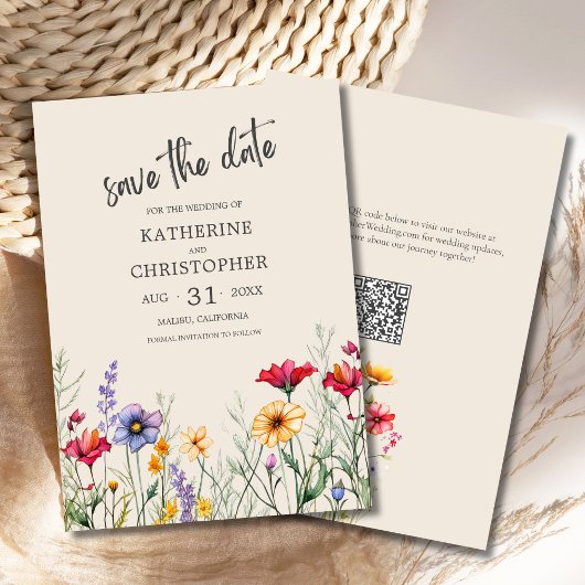 Farbenfrohe Wildblumen Elegante Beige Hochzeit Save The Date