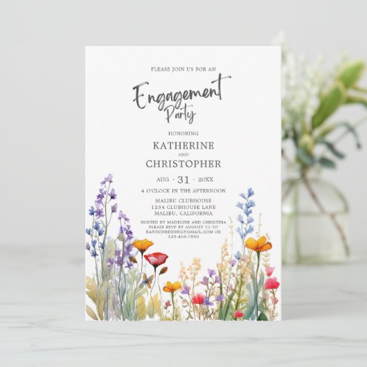 Farbenfrohe Wildblumen Elegante Engagement Party Einladung (Stehend Vorderseite)