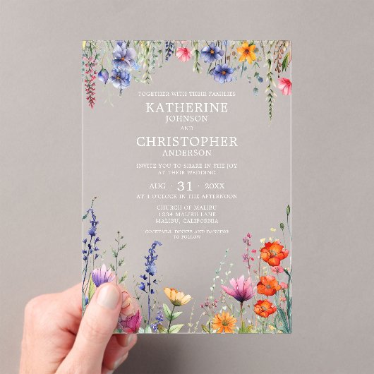 Farbenfrohe Wildblumen Elegante Hochzeit Klar Acryleinladungen (Insitu (Handheld))