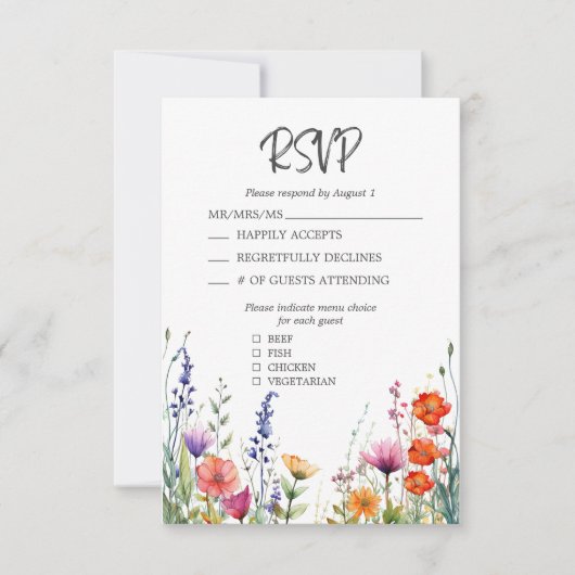 Farbenfrohe Wildblumen Elegante Wedding RSVP Card (Vorderseite)