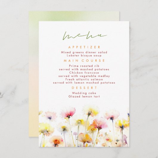 Farbenfrohe Wildblumen Elegantes Hochzeitsmenü Menükarte (Vorne/Hinten)