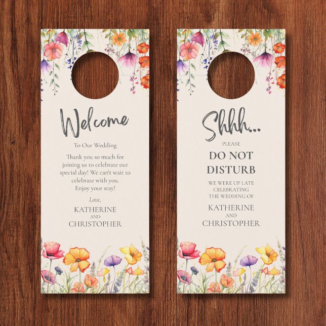 Farbenfrohe Wildblumen Hochzeit, die nicht stören Türanhänger (Colorful Wildflowers Wedding Shhh Door Hanger with Welcome Message, pink, orange, purple flowers.)