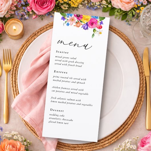 Farbenfrohe Wildblumen Hochzeit Menükarte