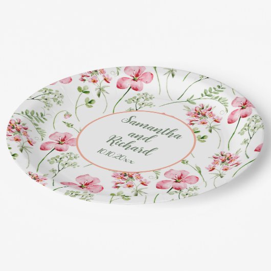 Farbenfrohe Wildblumen Hochzeit Pappteller (Schrägansicht)