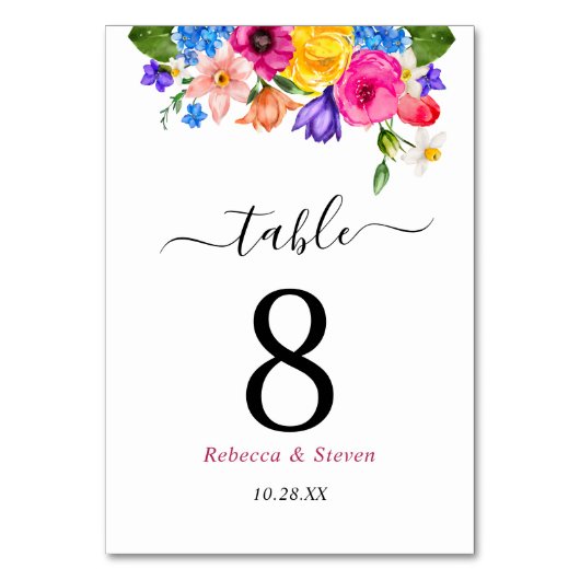 Farbenfrohe Wildblumen Hochzeit Tischnummer (Vorderseite)