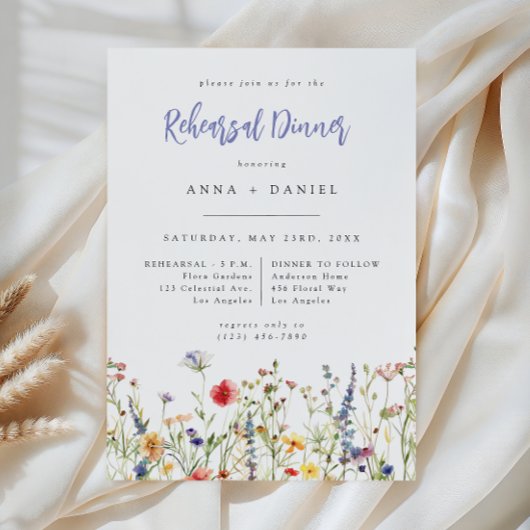 Farbenfrohe Wildblumen-Hochzeitsprobe-Dinner Einladung