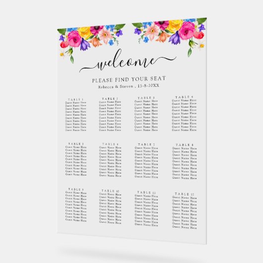 Farbenfrohe Wildblumen Hochzeitssitze Acrylschild (Winkel)