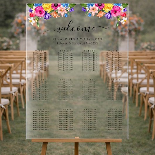 Farbenfrohe Wildblumen Hochzeitssitze Acrylschild