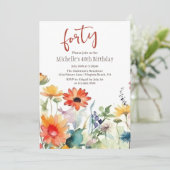 Farbenfrohe Wildblumen Lebhafte Blume 40. Geburtst Einladung (Stehend Vorderseite)