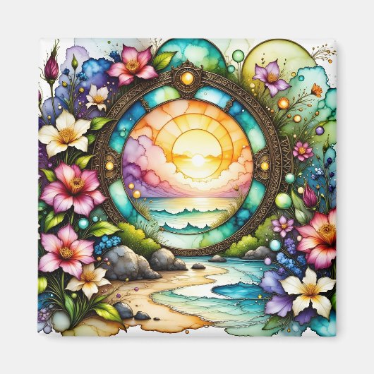 Farbenfrohe Wildblumen Ozeanportal Magnet (Vorne)