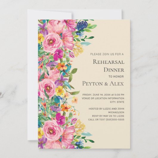 Farbenfrohe Wildblumen Probe Abendessen Einladung (Vorderseite)