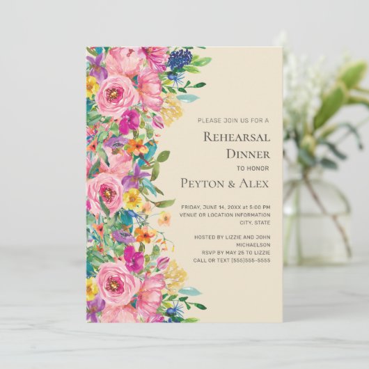 Farbenfrohe Wildblumen Probe Abendessen Einladung (Stehend Vorderseite)