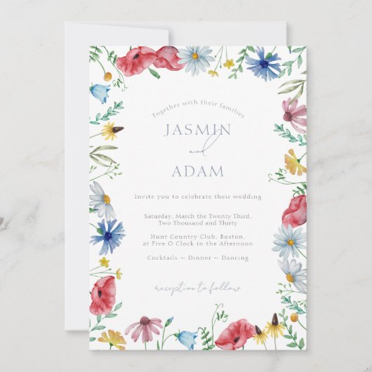 Farbenfrohe Wildblumen Red Blue Monogram Wedding Einladung (Vorderseite)