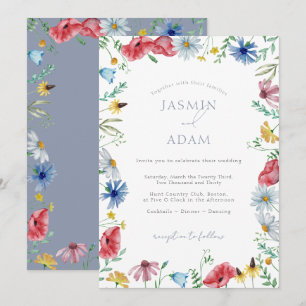 Farbenfrohe Wildblumen Red Blue Monogram Wedding Einladung