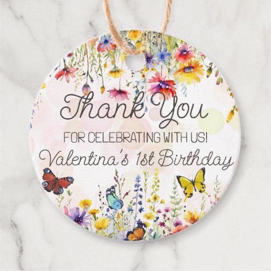 Farbenfrohe Wildblumen & Schmetterlinge Geburtstag Geschenkanhänger (Vorderseite)