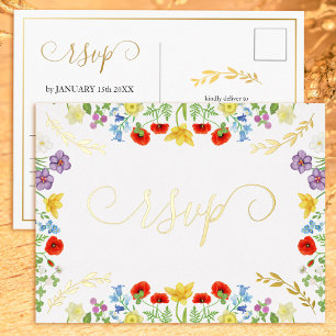Farbenfrohe Wildblumen Weiße und Goldene Hochzeit Folien Feiertagspostkarte