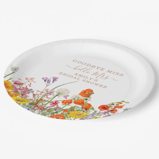 Farbenfrohe Wilde Blume Auf Wiedersehen Miss Braut Pappteller (Schrägansicht)