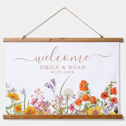 Farbenfrohe Wilde Blume Begrüßung Wandteppich Mit Holzrahmen (Vorne)