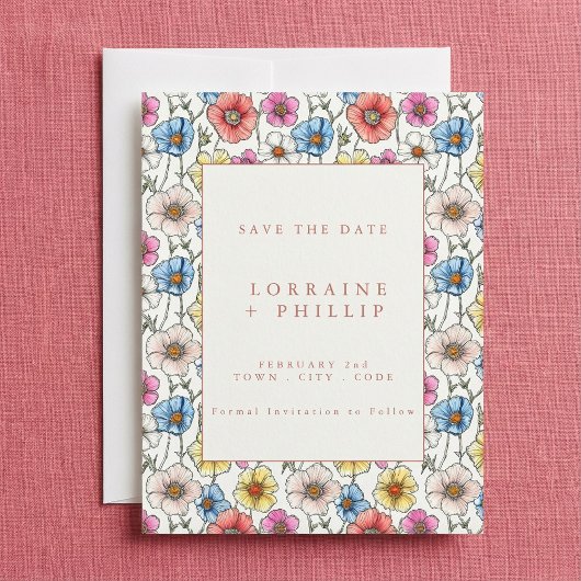 Farbenfrohe wilde Blume nahtlose Muster Hochzeit Save The Date