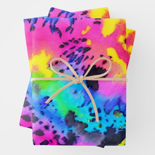 Farbenfrohe wilde Cheetah Tye Dye Muster Geschenkpapier Set (Beispiel)