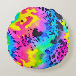 Farbenfrohe wilde Cheetah Tye Dye Muster Rundes Kissen