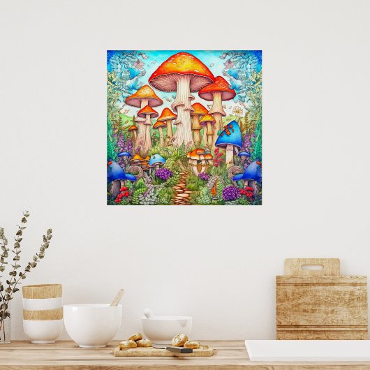 Farbenfrohe wilde Psychedelic Mushroom Forest Poster (Küche)