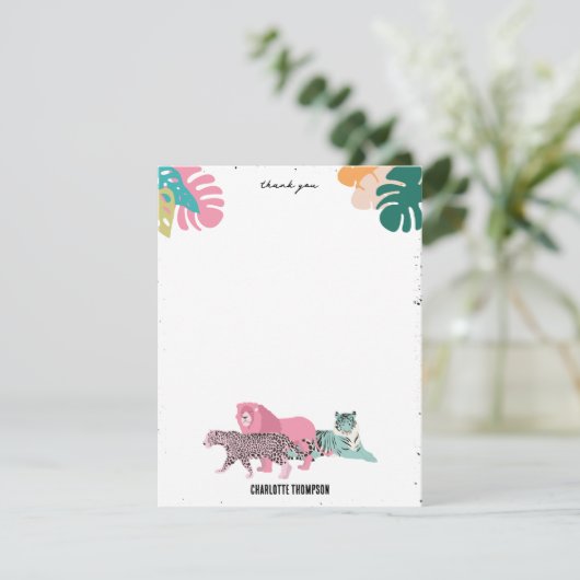 Farbenfrohe Wildtiere & tropische Blätter Dankeskarte (Stehend Vorderseite)
