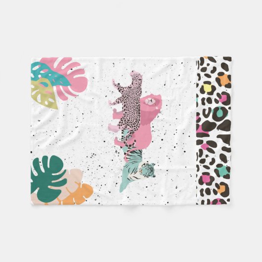 Farbenfrohe Wildtiere & tropische Blätter Fleecedecke (Vorderseite (Horizontal))