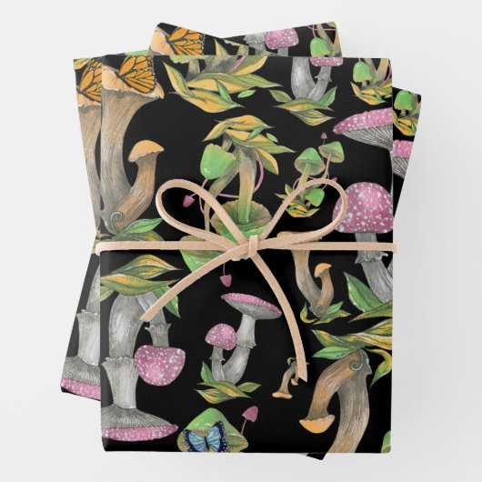 Farbenfrohe Wildwälder Pilze Schwarz Geschenkpapier Set (Beispiel)