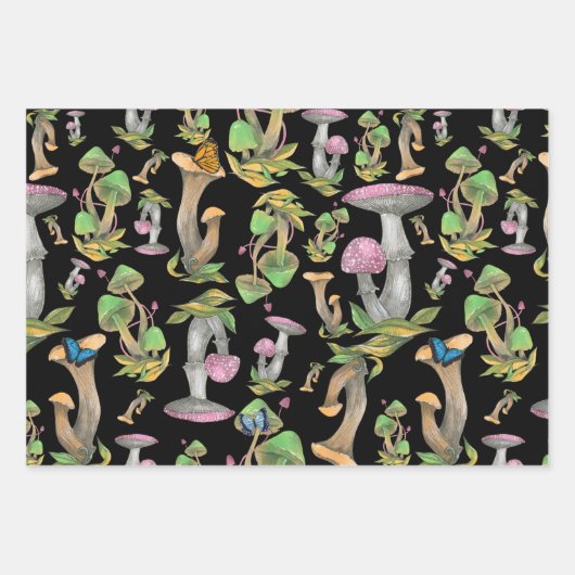 Farbenfrohe Wildwälder Pilze Schwarz Geschenkpapier Set (Vorderseite)