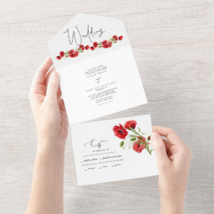 farbenfrohe Winter Red Floral Wedding All In One Einladung